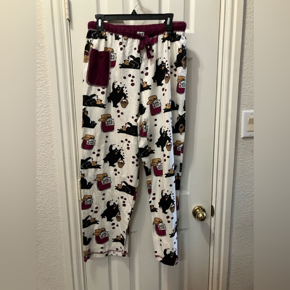 Lazy One Bear & Honey Print Pajama Pants - White and Maroon